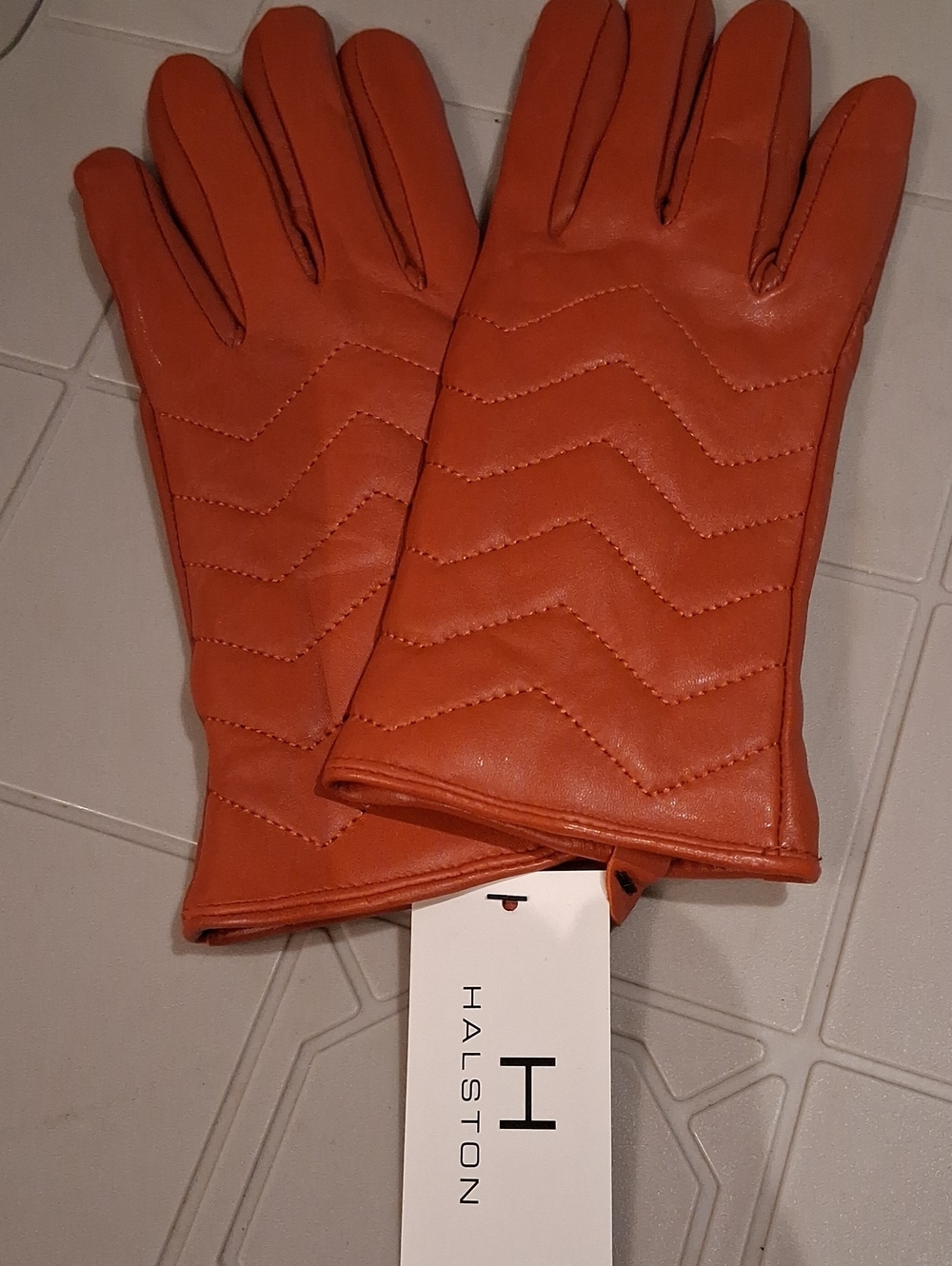 Halston Heritage Orange Chevron-Quilted Leather Gloves